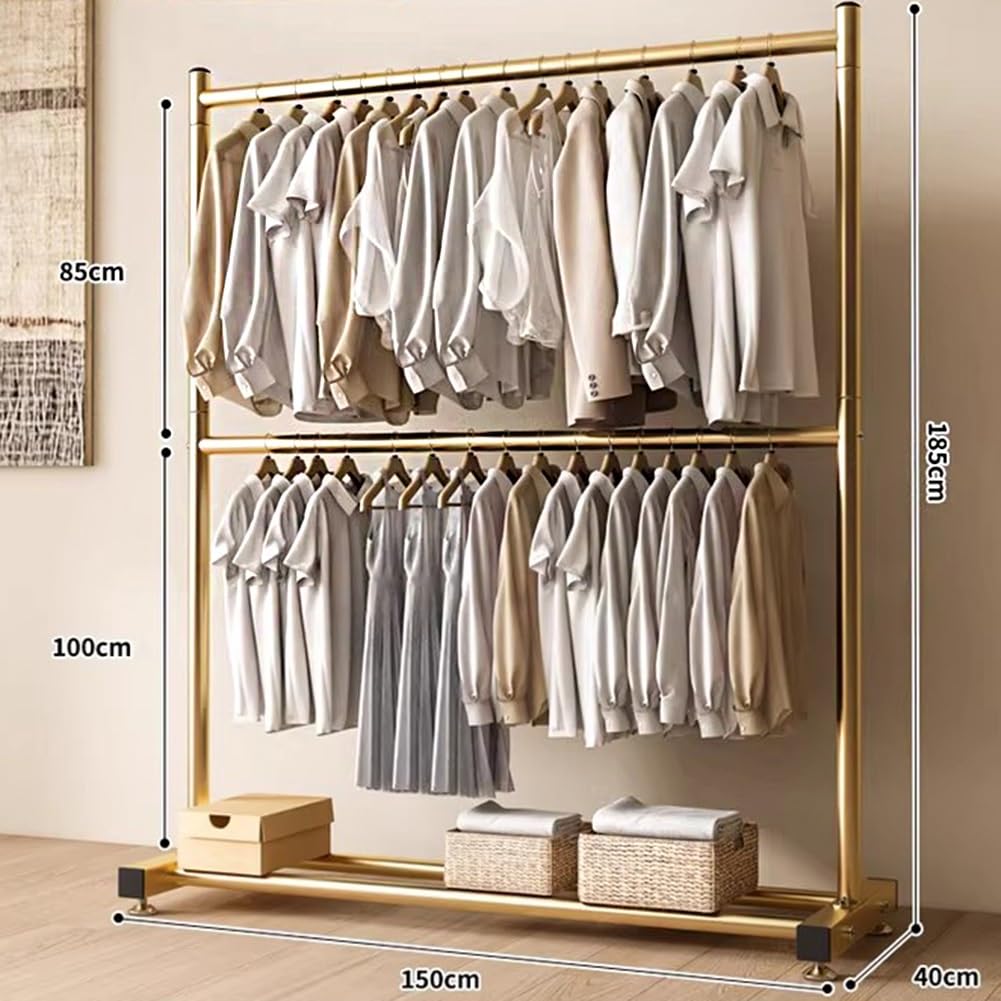 Industrial Duct Clothes Rack, Commercial Portable Wardrobe Rack, Freestanding, Double-Pole Clothes Rack, Heavy-Duty Detachable Clothes Rack, for Hanging Clothes(Gold,60x40x180cm)