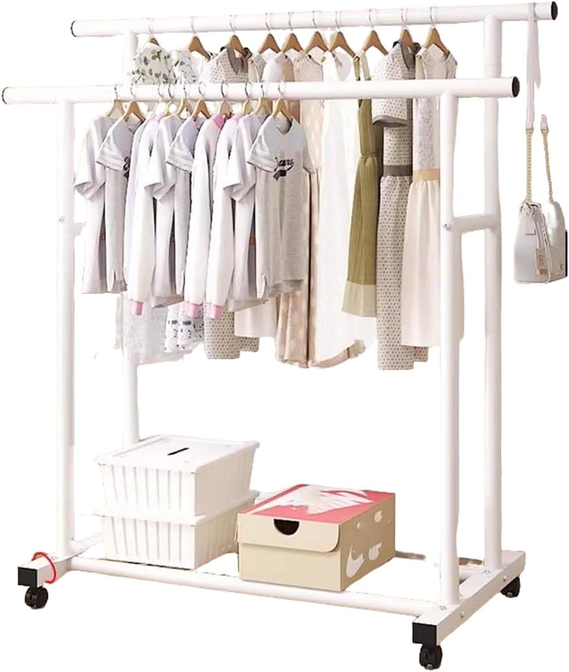 Heavy-Duty Metal Clothes Rack, Rolling Garment Rack with Sturdy Wheels & Shelves, Freestanding Double Rod Clothing Rack for Hanging, Portable Industrial Wardrobe Organizer