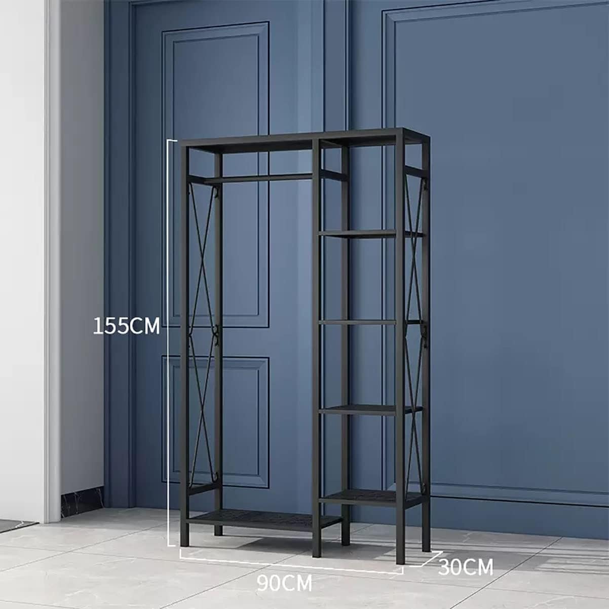 Metal Clothing Rack With Rods Freestanding Garment Rack For Hanging Clothes Organizer Wardrobe With 6-Tier Storage Shelve For Bedroom, Entryway (Color : Svart, Size : 90cm)