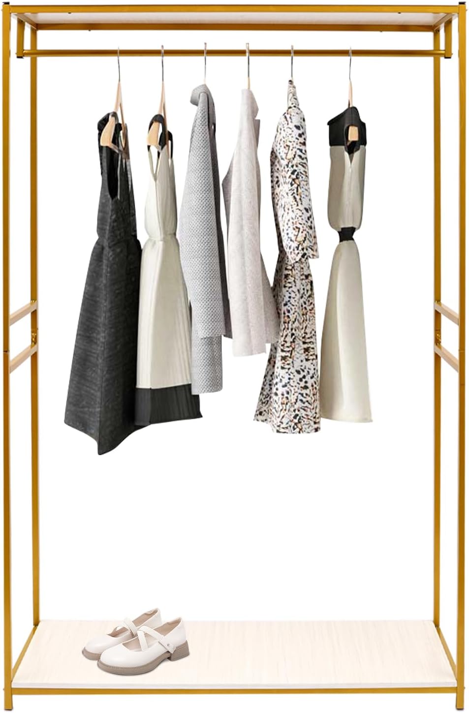 Heavy Duty Gold Clothing Rack with Shelves, Mini Closet, Freestanding Weeding Dress Retail Clothes Rack, Heavy Duty Clothing Rack with Foot Pad (47.24x17.71x74.8in)