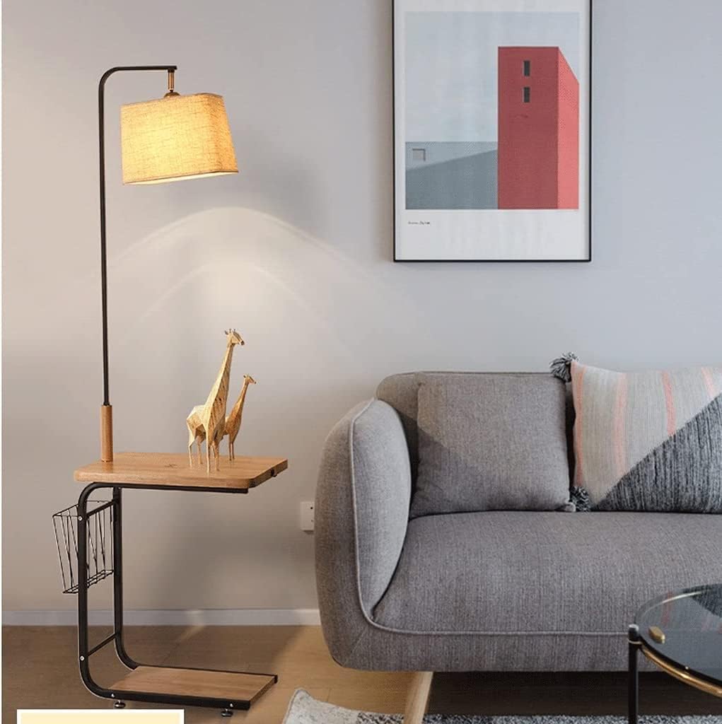 Floor Lamp, Floor Lamp Solid Wood Standing Lamp Modern with 2 Shelves 1 Power Outlet and 1 Storage Basket Storage Lamp for Bedroom (B