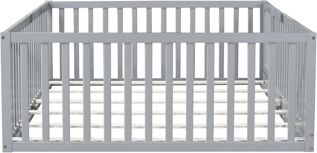 Full Size Floor Bed with 21.5' High Rails and Door, Solid Rubber Wood Montessori Bed Full for Boys Girls, Low Profile Kids Beds Frame with 6 Slats, No Box Spring Needeed, Grey