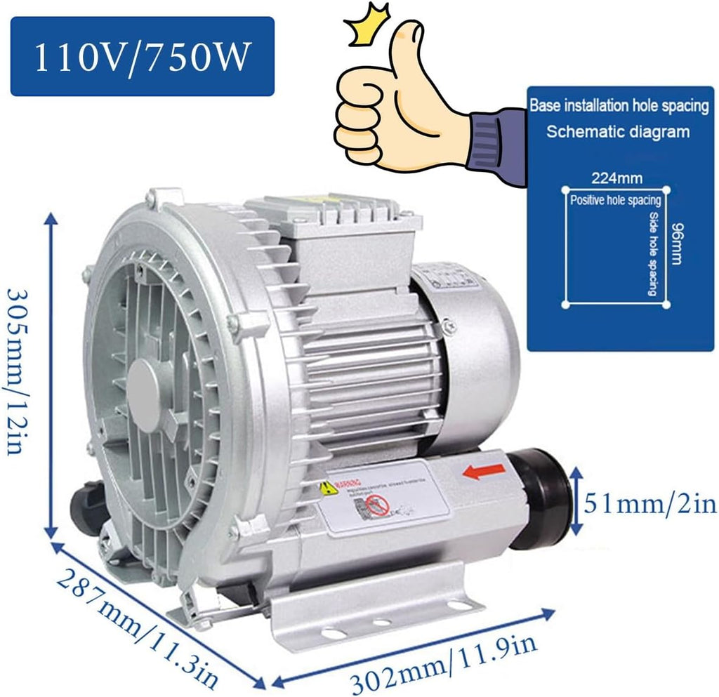 Regenerative Blower High Pressure Vortex Ring Blower 110V 180W 350W 550W 750W Fish Ponds Aeration Oxygenation Machine Industrial Vacuum Pump for Air Blowing Or Suction(1100W)