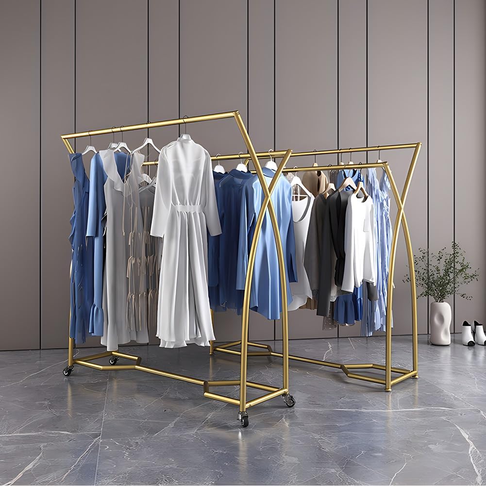 Double Rods Garment Rack with Wheels - Portable Clothing Hanging Garment Rack - Clothing Rack for Hanging Clothes (Gold 120x50x145 cm)