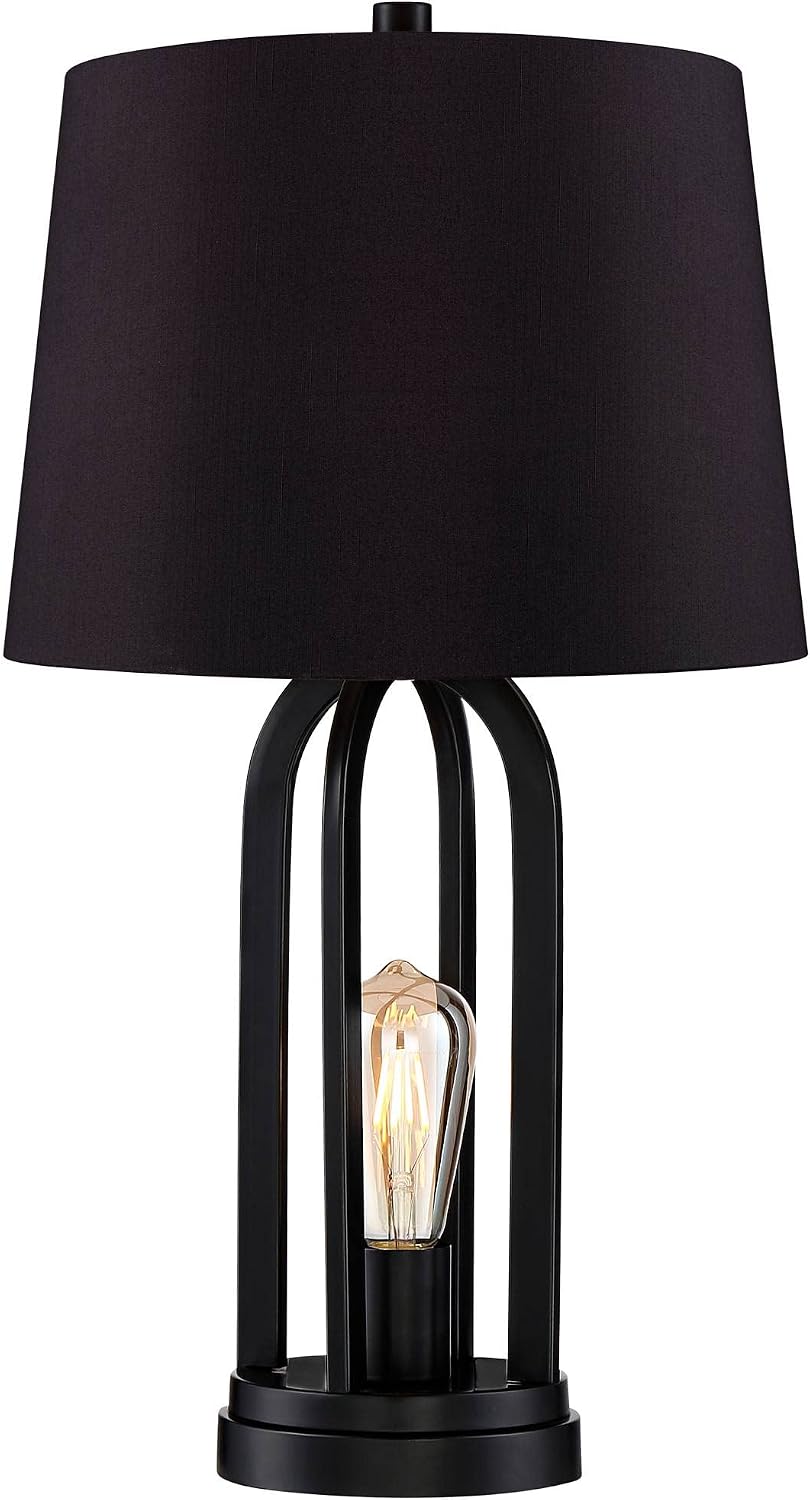 360 Lighting Marcel Industrial Modern Table Lamps 24.25' High Set of 2 with USB Charging Port and Nightlight LED Black Metal Faux Silk Drum Shade for Living Room Desk Bedroom House Bedside