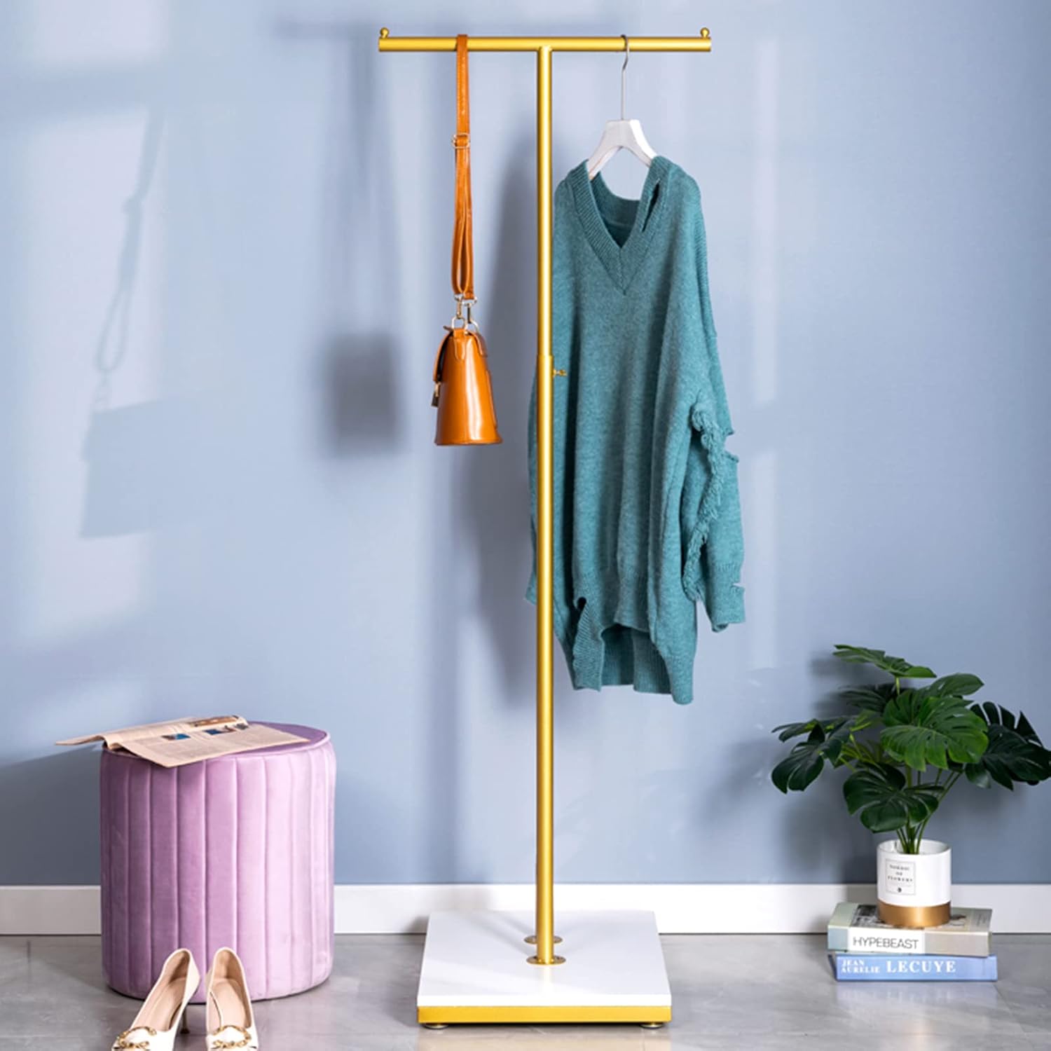 Garment Rack T-Shaped Hanging Rod Clothing Retail Store Display Stands, Freestanding Metal Garment Racks with Wood Shelves, Adjustable Height Clothes Hanging Rack for Hallway Bedroom, Gold