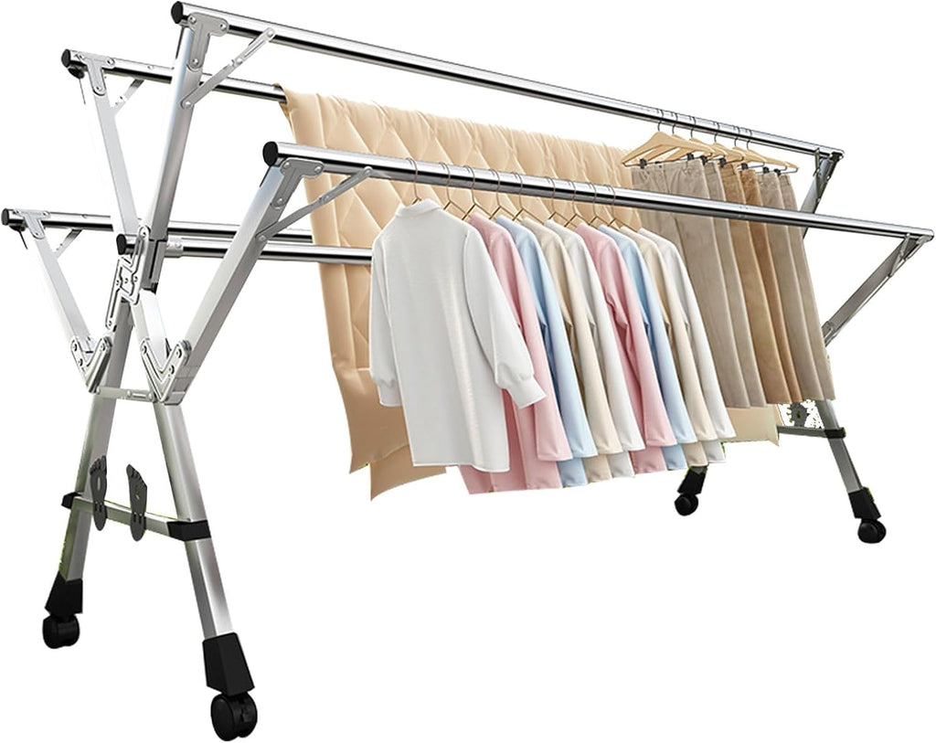 Foldable Freestanding Drying Rack,Clothes Drying Rack Folding Indoor, Garment Rack On Wheels, Laundry Stand Organizer, Laundry Drying Rack Heavy Duty with Wheels, 240cm/95in