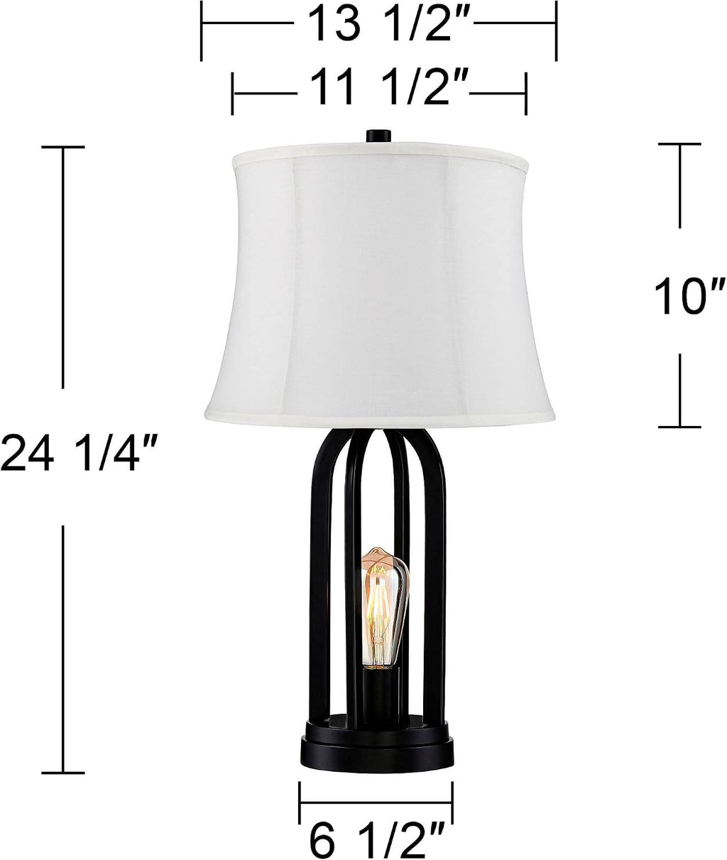 360 Lighting Marcel Industrial Modern Table Lamps 24.25' High Set of 2 with USB Charging Port and Nightlight LED Black Cream Fabric Drum Shade for Living Room Desk Bedroom House Bedside
