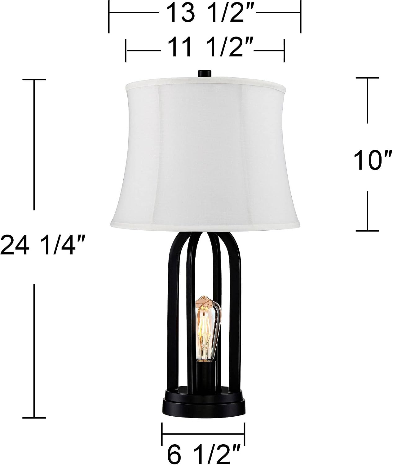 360 Lighting Marcel Industrial Modern Table Lamps 24.25' High Set of 2 with USB Charging Port and Nightlight LED Black Cream Fabric Drum Shade for Living Room Desk Bedroom House Bedside