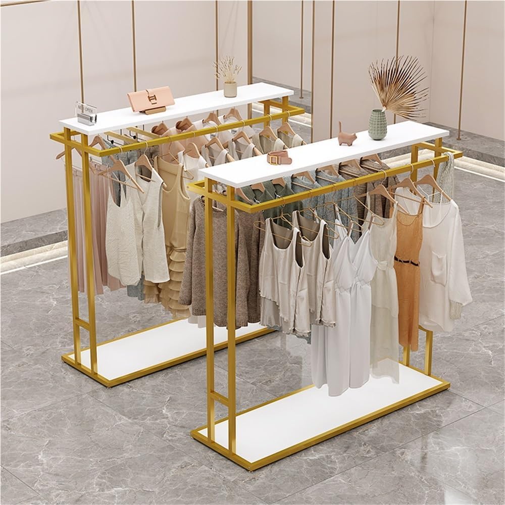 Floor Standing Metal Garment Rack, Portable Clothing Rack, Heavy Retail Display Racks, Merchandise Display Rack for Hanging Clothes, Clothing Rack with Shelves(Gold,100cm/39.4in)
