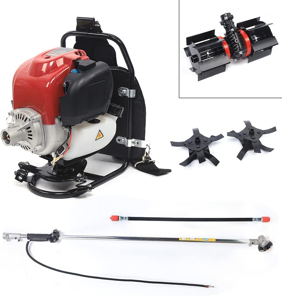 Backpack Cultivator Tiller, 35.4CC 4 Stroke 4500-8500RPM Gas Powered Backpack Brush Cutter, Single Cylinder Grass Trimmer Lawn Mower with Backrest & Anti-Tangle Hoe Wheel for Garden Lawn Farmland