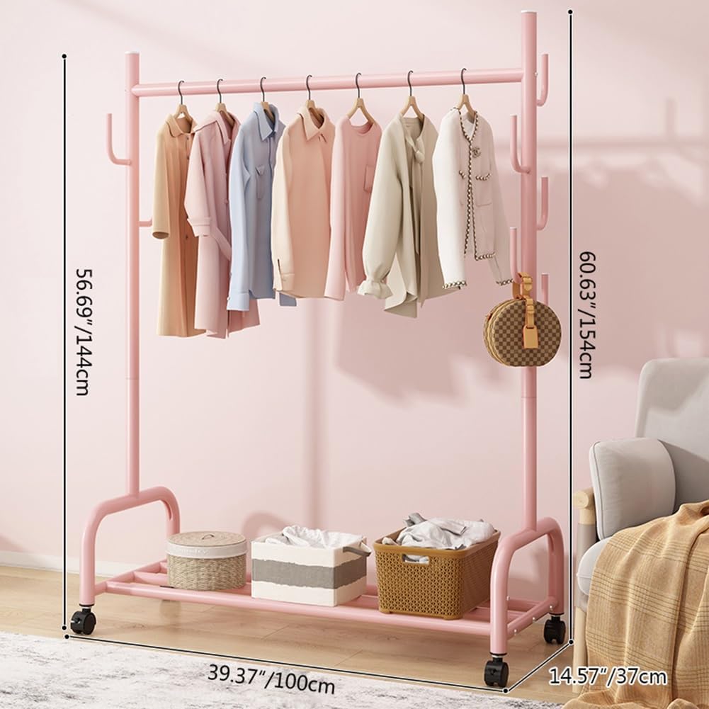 Garment Rack on Wheels, Multi-Functional Bedroom Clothing Rack with Hooks and Bottom Shelf, Metal Clothes Organizer for Hanging Coats, Skirts, Shirts(100x154)