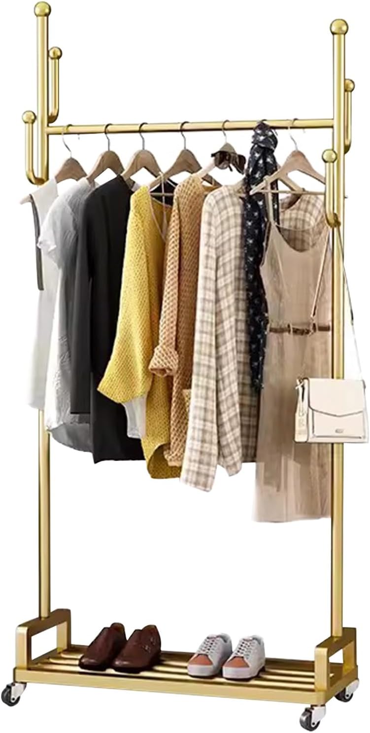 Heavy Duty Metal Clothes Rack with Rolling Wheels Storage Shelves and 6 Hooks Durable Garment Rack for Hanging Clothes,Gold-80 x 35 x 175 cm