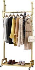 Heavy Duty Metal Clothes Rack with Rolling Wheels Storage Shelves and 6 Hooks Durable Garment Rack for Hanging Clothes,Gold-80 x 35 x 175 cm