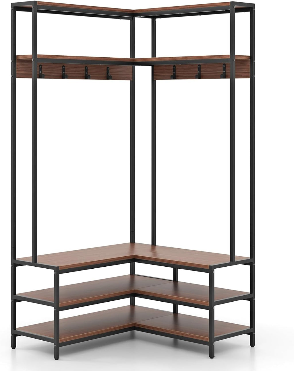 Multigot L-shaped Clothes Rack, Freestanding Corner Garment Rack Hall Tree with Shoe Storage Bench, Shelves and 7 Hooks, Metal Frame Coat Rack Stand Closet Storage Organizer (Walnut+Black)