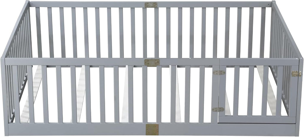 Full Size Floor Bed with 21.5' High Rails and Door, Solid Rubber Wood Montessori Bed Full for Boys Girls, Low Profile Kids Beds Frame with 6 Slats, No Box Spring Needeed, Grey