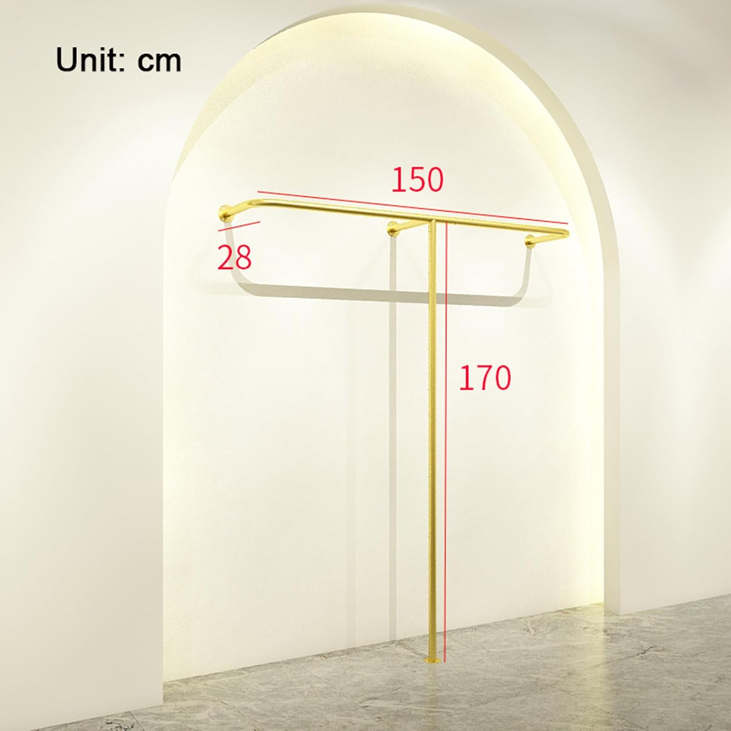 Wall-Mounted Garment Rack Hanging Gold Clothes Rack, Clothing Store Large-Capacity Metal Display Stand,Heavy Duty Garment Shelves Closet Rods, Home Retail,Height 170cm-Length 150cm