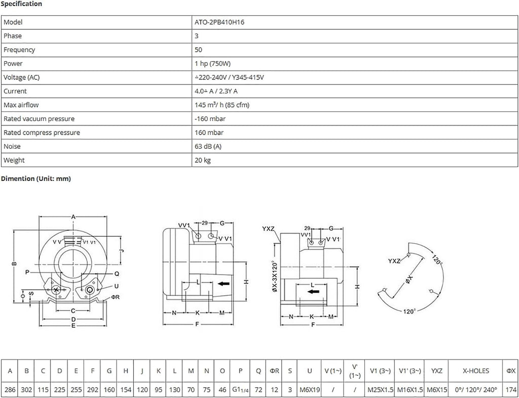 ATO Regenerative Blower for Air Blowing/Suction, 3 Phase 1 hp (750W) 380V Quiet 85CFM Industrial Vacuum Pump Blower,for Heavy Duty Aquarium Aerator, Sewage System