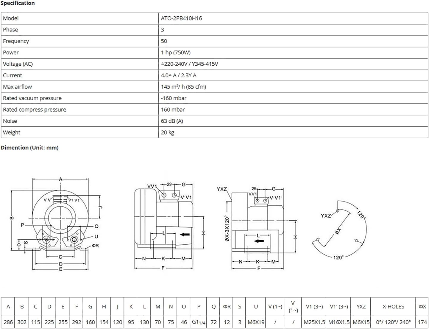 ATO Regenerative Blower for Air Blowing/Suction, 3 Phase 1 hp (750W) 380V Quiet 85CFM Industrial Vacuum Pump Blower,for Heavy Duty Aquarium Aerator, Sewage System