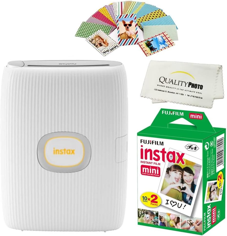 Fujifilm Instax Mini Link 2 Smartphone Printer Plus Instax Mini Films 20 Pack. Plus Stickers. Bonus All-Purpose Microfiber Cloth… (Clay White)
