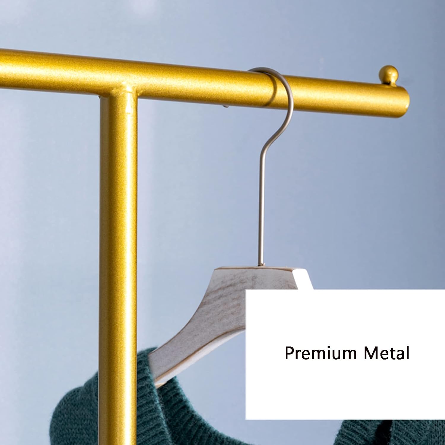 Garment Rack T-Shaped Hanging Rod Clothing Retail Store Display Stands, Freestanding Metal Garment Racks with Wood Shelves, Adjustable Height Clothes Hanging Rack for Hallway Bedroom, Gold