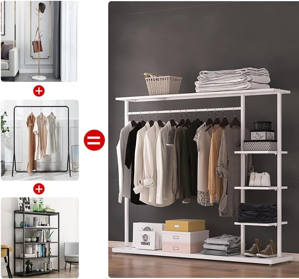 5-Tier Clothing Rack, Free Standing Garment Rack with Shelves for Home,Storage Display Stand for Clothes, Shoes, Accessories – Metal Frame, Space-Saving(White,59IN)
