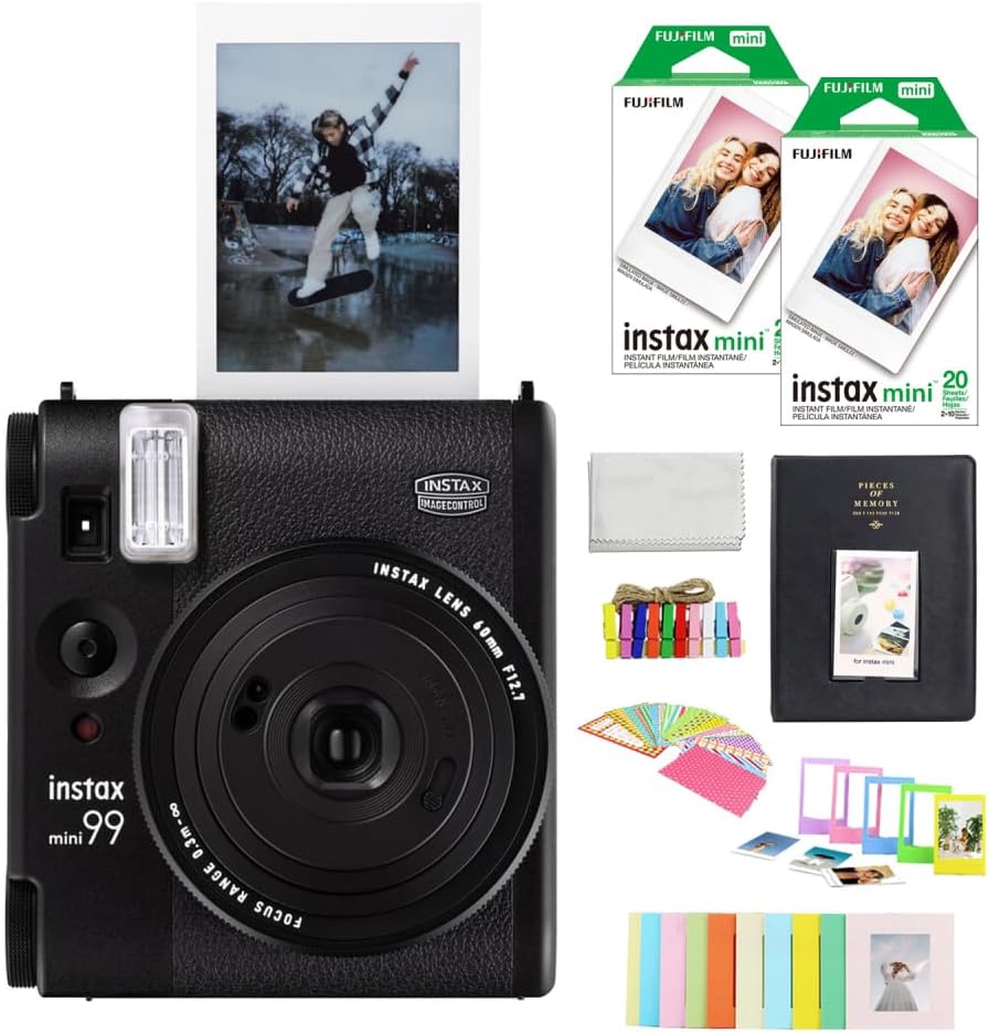 FUJIFILM INSTAX Mini 99 Instant Film Camera Bundled with INSTAX Mini Instant Film | 40 Exposures + Black Album and Stickers + Cleaning Cloth (5 Items)
