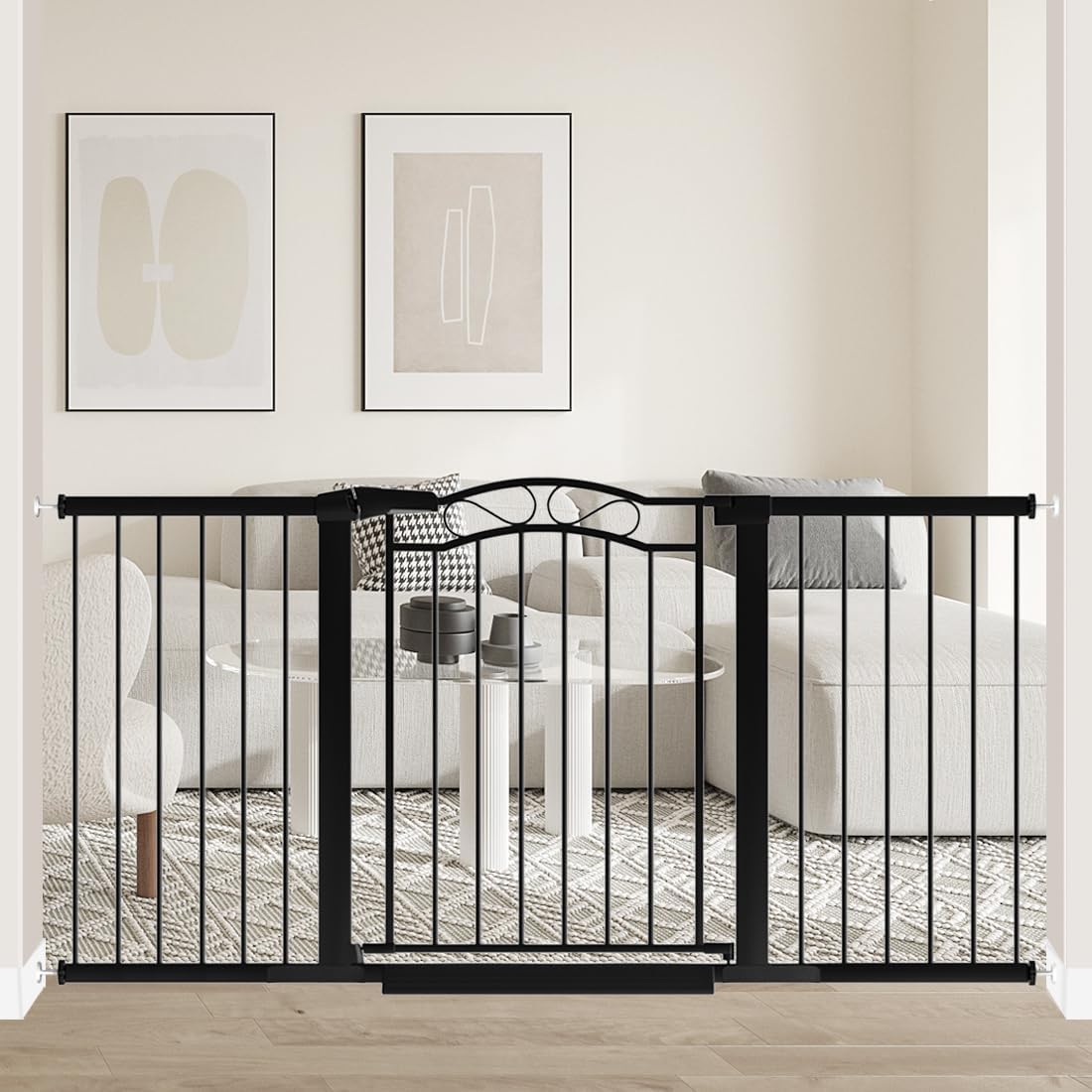 Fairy Baby 62.6'-65.3' Extra Wide Baby Gate with Door, 63 64 65 Inches Walk THR Baby Gates for Stairs Pressure Mounted no Drill, Indoor Tension Metal Child Pet Dog Safety Gate for Kids, Black