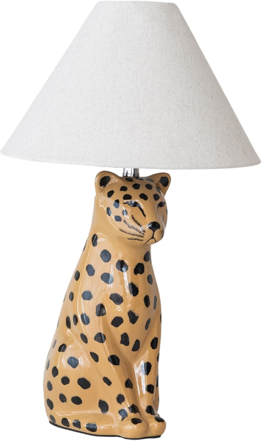 Creative Co-Op Ceramic Cheetah Table Lamp with Linen Shade and Inline Switch, Yellow and Black, Set of 2