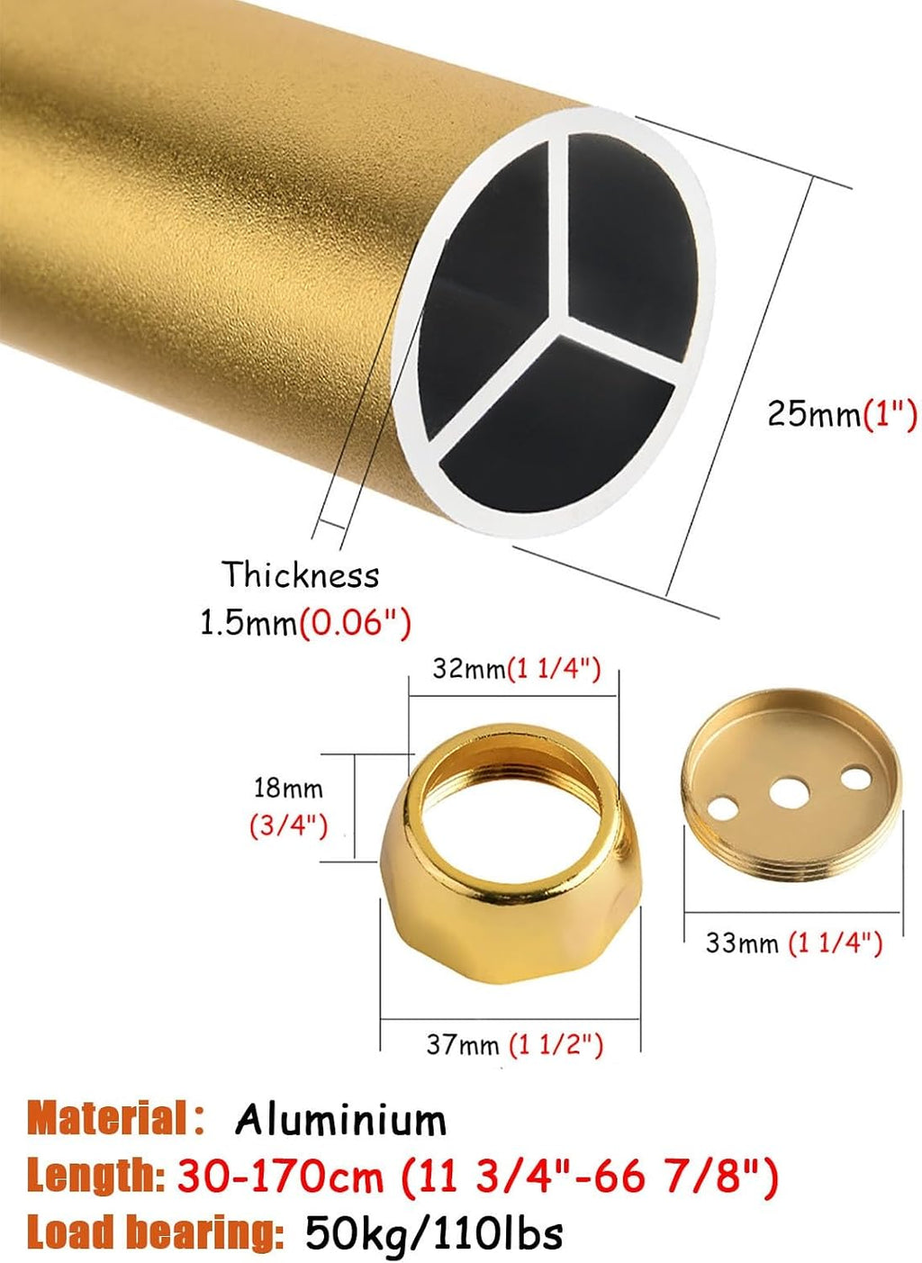 Closet Rod Champagne Gold Closet Rods and Brackets, Heavy Duty Hanging Clothes Rack, 17 18 24 29 30 32 36 48 50 Inch Removable Clothing Valet Pole Bar,(Gold,170cm(66 7/8'))