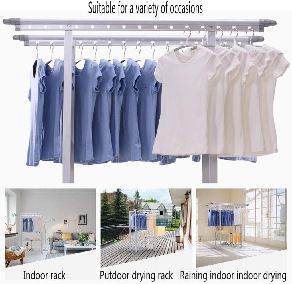 Laundry Rack, Folding Airer, Retractable Double Rail Clothes Airer Indoor Househ Clothes Airer Indoor Household Drying Racks no Need to Install with Wheels and 2 Shelves Clothes Garment Rack