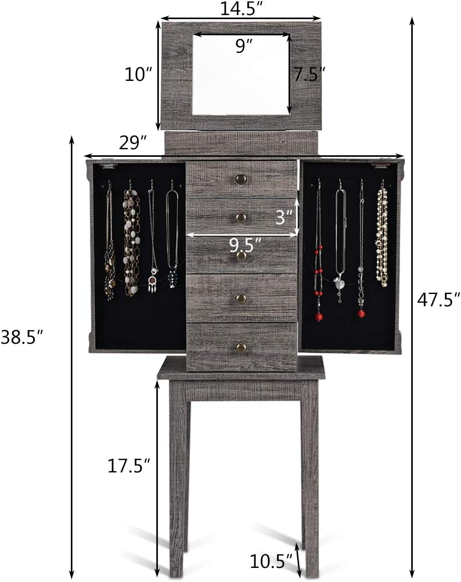 HOMGX 5 Drawers Jewelry Armoire Cabinet, Standing Jewelry Storage Chest with Mirror, 8 Necklace Hooks Wooden Jewelry Organizer, Bedroom Jewelry Furniture with 2 Side Swing Doors, Grey