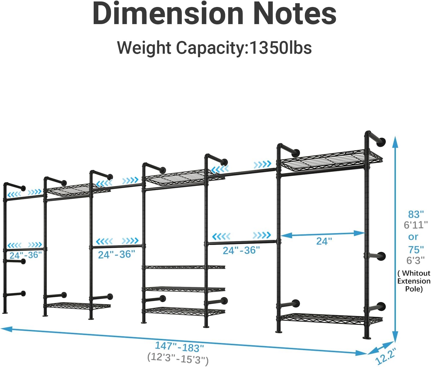 Timate F6 Wall Mounted Clothes Rack - Expandable Industrial Pipe Closet System, Heavy Duty Hanging Garment Rack, Closet Organizer & Storage Solution for Wardrobe, Bedroom,Walk-in Closets,Black
