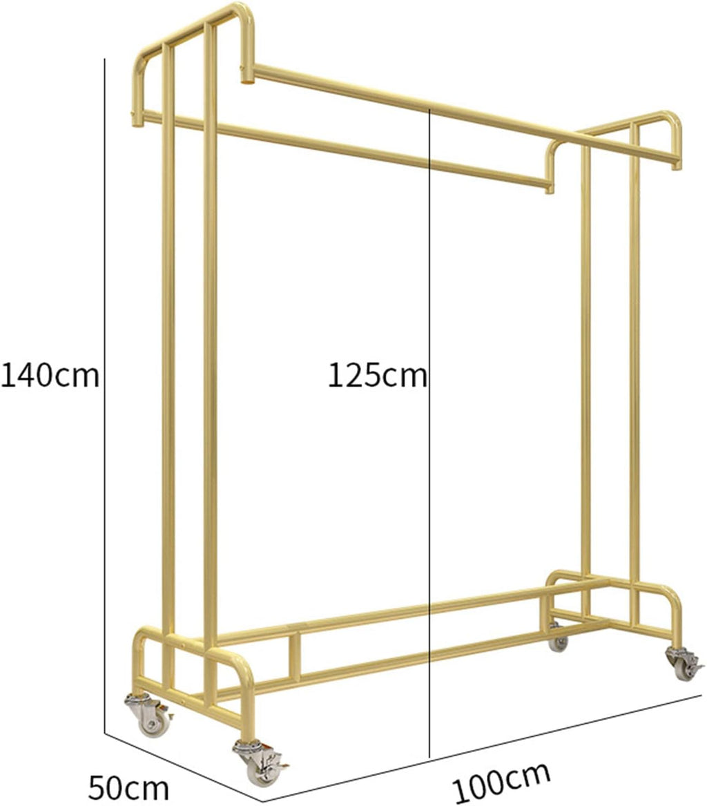 Industrial Pipe Clothing Store Heavy Duty Garment Racks with Wheel,Floor-Standing Garment Display Stand Double Rail Retail Clothing Rack,Commercial Metal Garment Rack for Hanging Clothes (Gold L100*