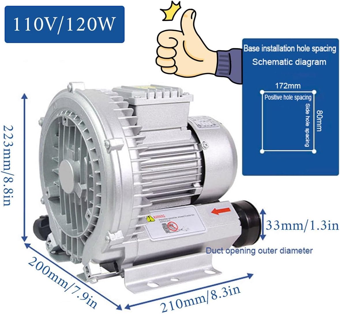 Regenerative Blower High Pressure Vortex Ring Blower 110V 180W 350W 550W 750W Fish Ponds Aeration Oxygenation Machine Industrial Vacuum Pump for Air Blowing Or Suction(1100W)
