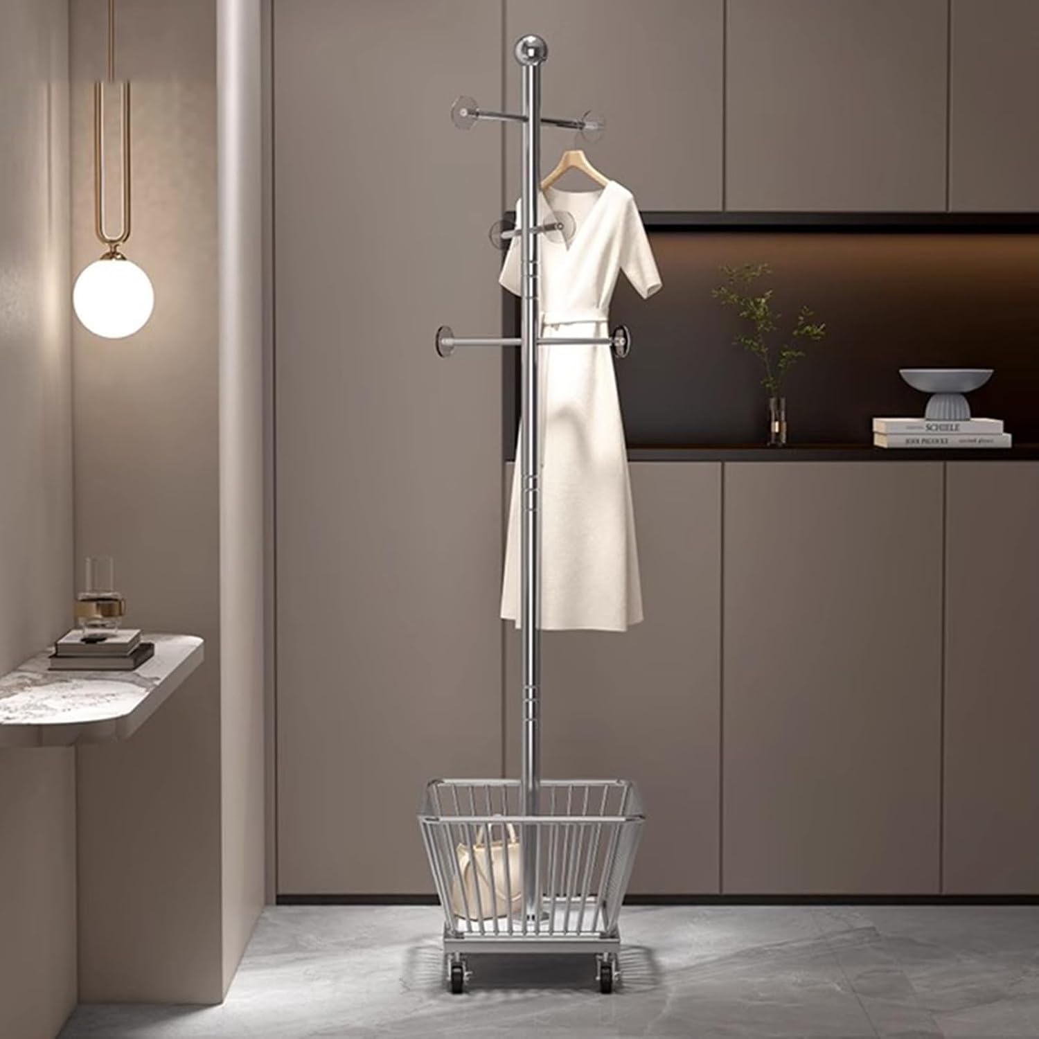 Metal Clothing Rack,Laundry cart with Hanging Rack,Standing Clothes Rack,Rolling Garment Rack,(Gold)