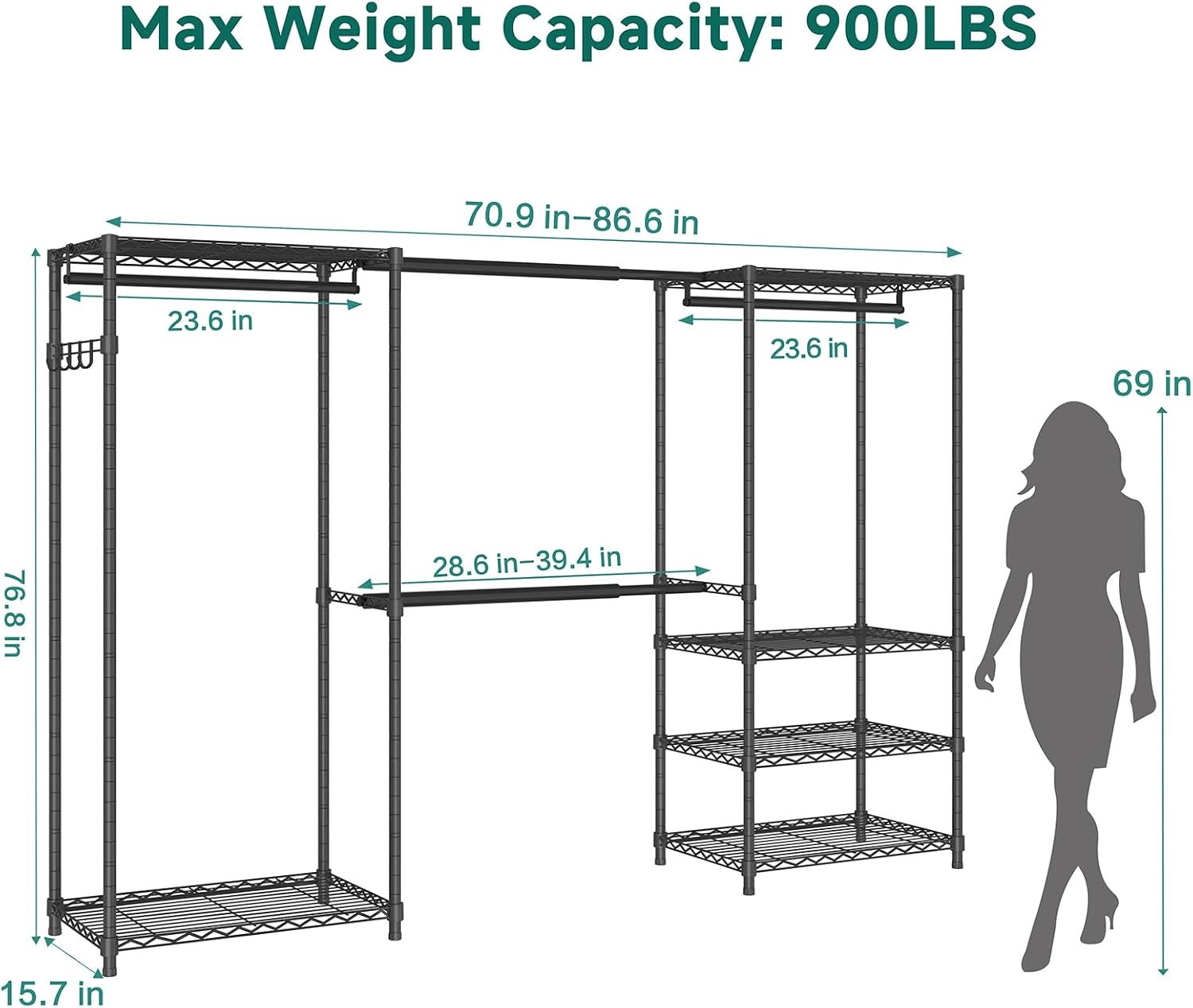 Heavy Duty Garment Rack, Portable Expandable Freestanding 4 Tiers Adjustable Wire Shelves Clothes Rack with 2 Retractable Poles, 70.9-86.6' L x 15.7' W x 76.8' H, Max Load 900LBS, Black