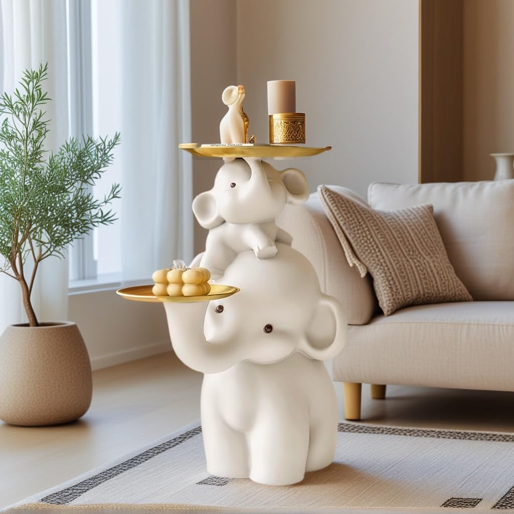 Elephant Side Table, Large Living Room Sculpture, Perfect as Sofa Side Table, Bedroom Nightstand, Coffee Table, Living Room Decor with Two Storage Trays (Double-Tray Elephant)