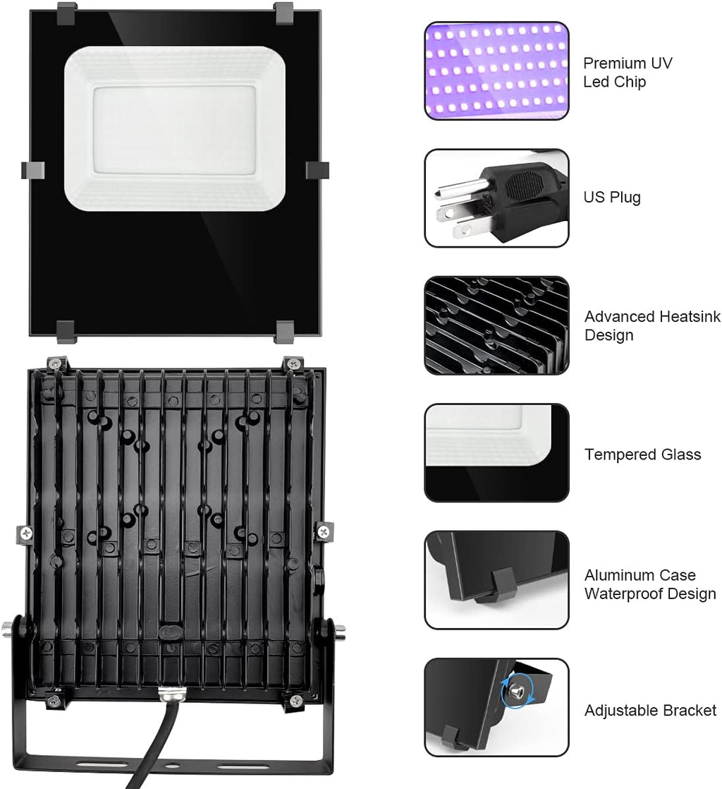 1500W Black Lights Outdoor, Commercial Black Light Flood Lights with UL Plug High Power 395nm UV Blacklight Floodlight IP66 Waterproof BlackLights for Glow Party Large Space Halloween (2 Pack)