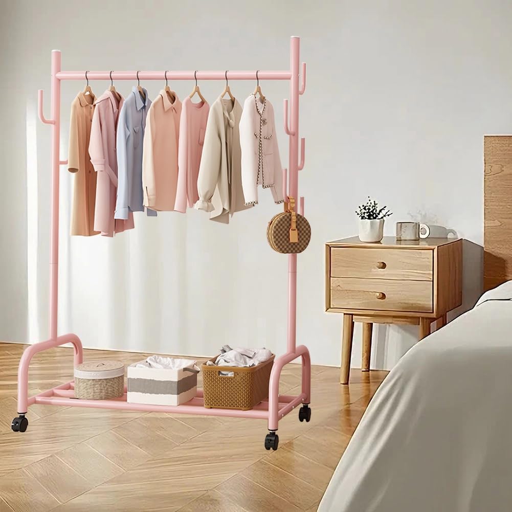 Garment Rack on Wheels, Multi-Functional Bedroom Clothing Rack with Hooks and Bottom Shelf, Metal Clothes Organizer for Hanging Coats, Skirts, Shirts(100x154)