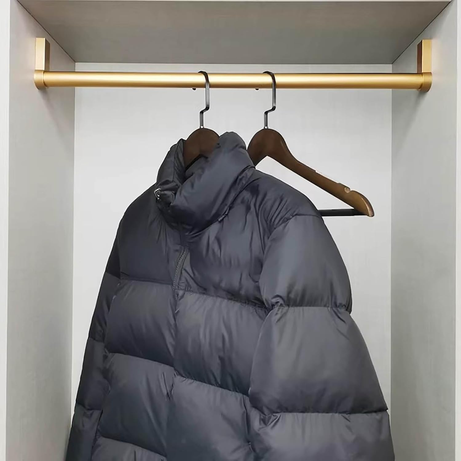 Closet Rod Wall Clothes Hanging Bar for Small Area, Rv Closet Valet Rod Ceiling Support Kit, Cuttable Garment Rack Clothing Rail, Non-Slip Brushed Gold Pole(42 in (107 cm))