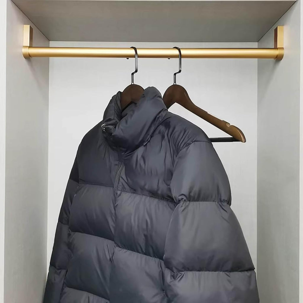Closet Rod Wall Clothes Hanging Bar for Small Area, Rv Closet Valet Rod Ceiling Support Kit, Cuttable Garment Rack Clothing Rail, Non-Slip Brushed Gold Pole(58 in (148 cm))