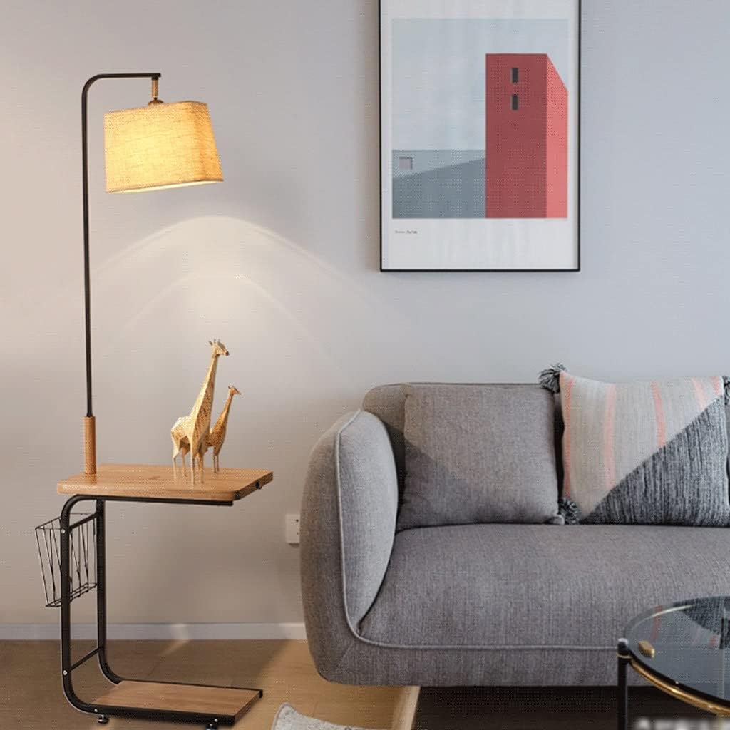 Floor Lamp, Floor Lamp Solid Wood Standing Lamp Modern with 2 Shelves 1 Power Outlet and 1 Storage Basket Storage Lamp for Bedroom (A