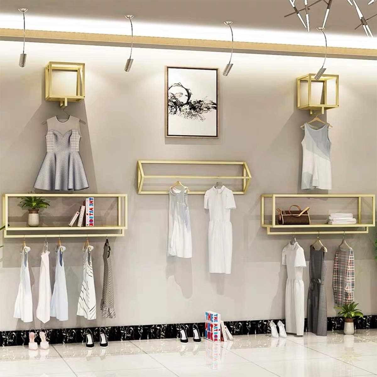Creative Square Display Garment Racks in Boutique Clothing Stores, Wall-Mounted Hanging Clothes Shelf in Home, Towel Racks for Bathroom Storage Shelves (Gold, 39' L)