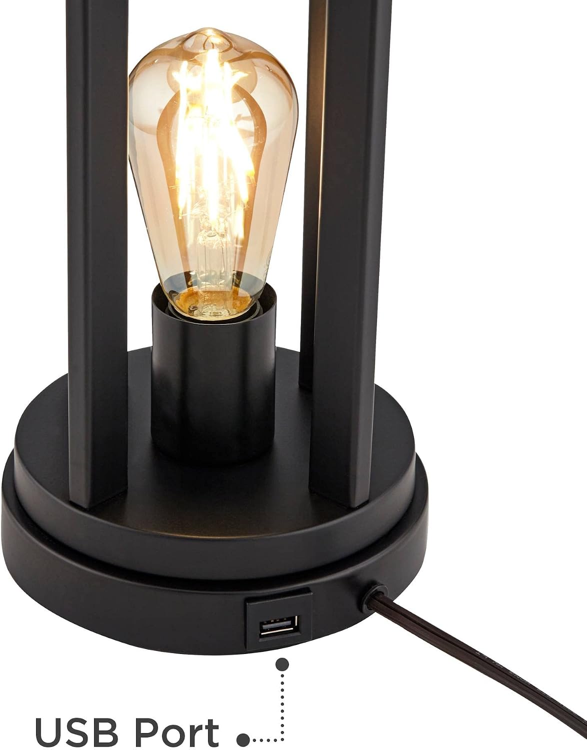 360 Lighting Marcel Industrial Modern Table Lamps 24.25' High Set of 2 with USB Charging Port and Nightlight LED Black Metal Faux Silk Drum Shade for Living Room Desk Bedroom House Bedside