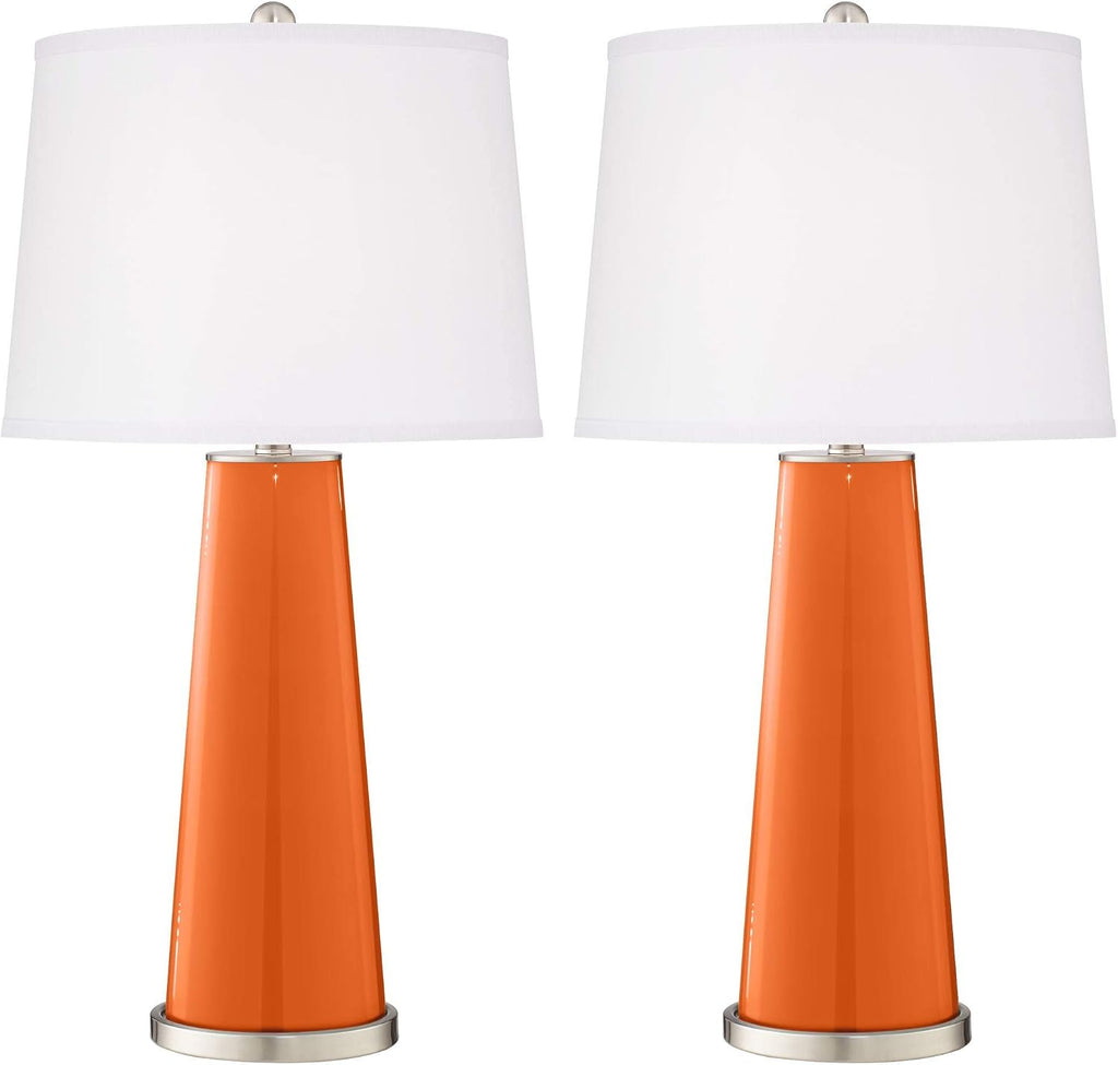 Color + Plus Leo Modern Table Lamps 29 1/2' Tall Set of 2 Invigorate Orange Glass Tapered Column Plain White Drum Shade for Bedroom Living Room House Home Bedside Nightstand Office Family