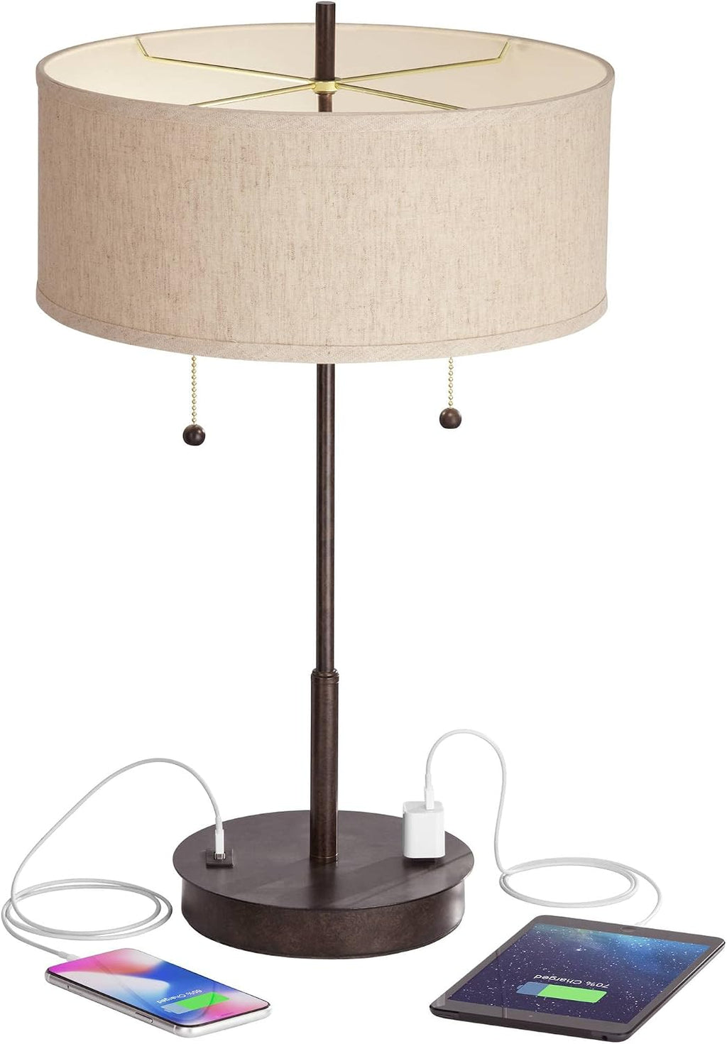 360 Lighting Nikola Modern Accent Table Lamps 23.5' High Set of 2 with Hotel Style USB and AC Power Outlet in Base Bronze Slim Fabric Drum Shade for Living Room Desk Bedroom House Bedside