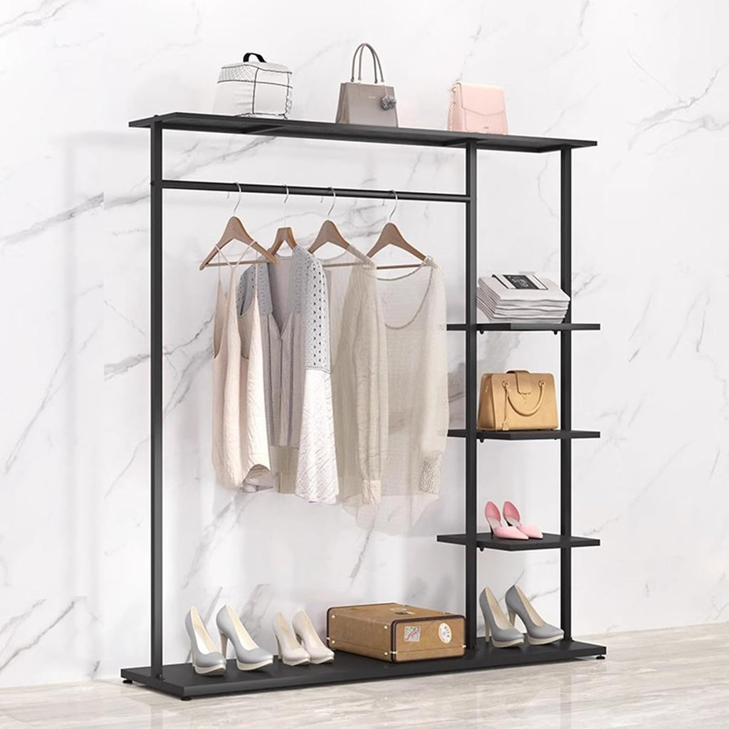 Garment Rack Freestanding Wardrobe Closet With 5 Shelves, Commercial Heavy Duty Clothing Rack For Hanging Clothes, Portable Metal Closet Organizer For Bedroom, Easy To Assemble, Bla(Size:150X40X160CM)