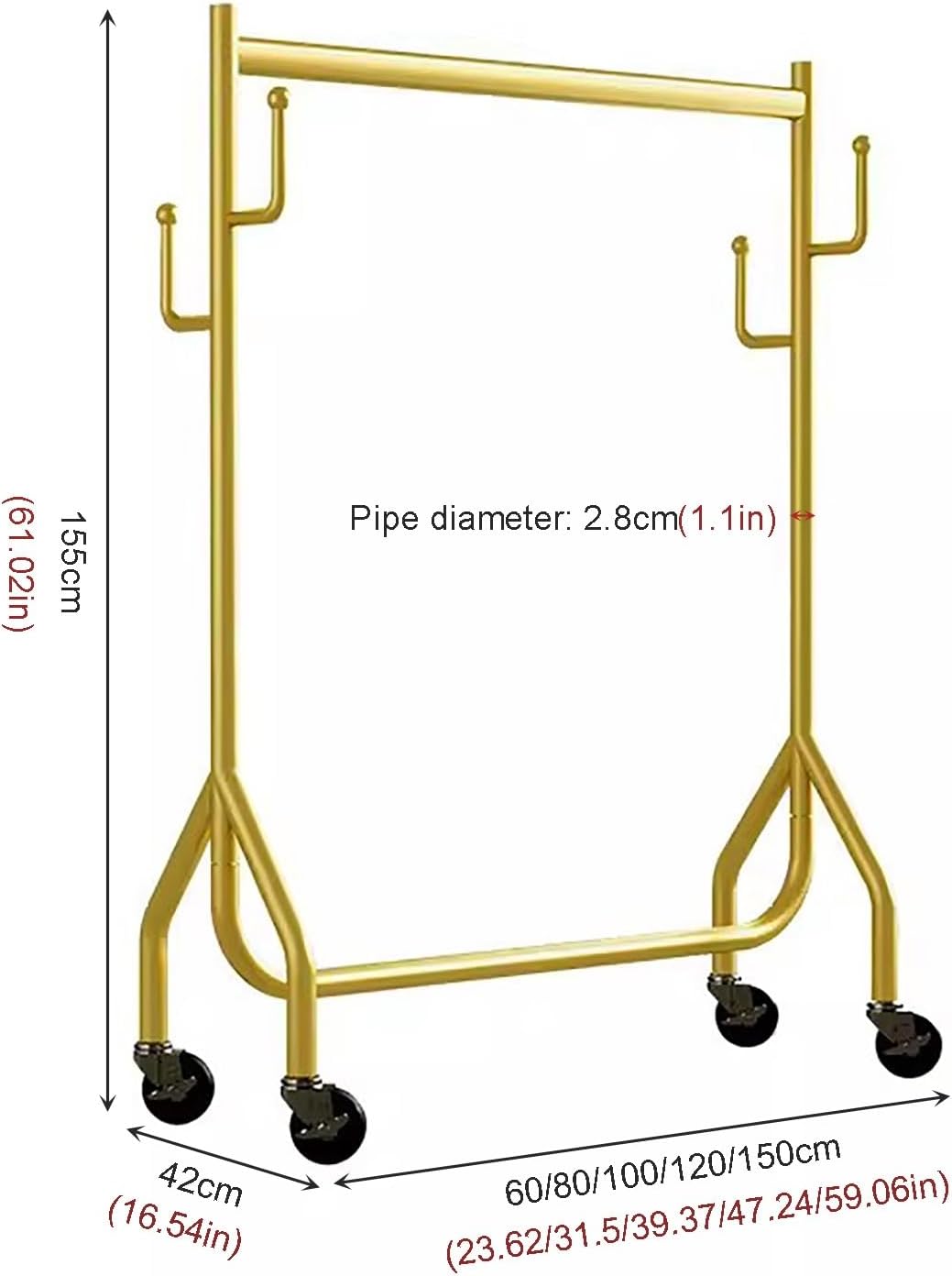Hanging Shelves,Multi-Purpose Hanging Rod,Clothes Hangers Clothing Garment Rack,Hanging Clothes Organizer Rail for Display and Storage(Gold,80x42x155cm)