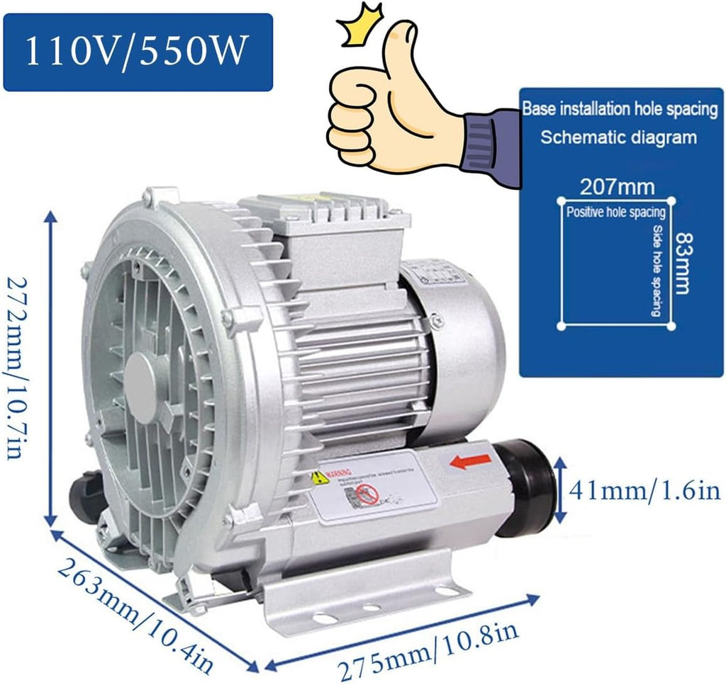 Regenerative Blower High Pressure Vortex Ring Blower 110V 180W 350W 550W 750W Fish Ponds Aeration Oxygenation Machine Industrial Vacuum Pump for Air Blowing Or Suction(1100W)